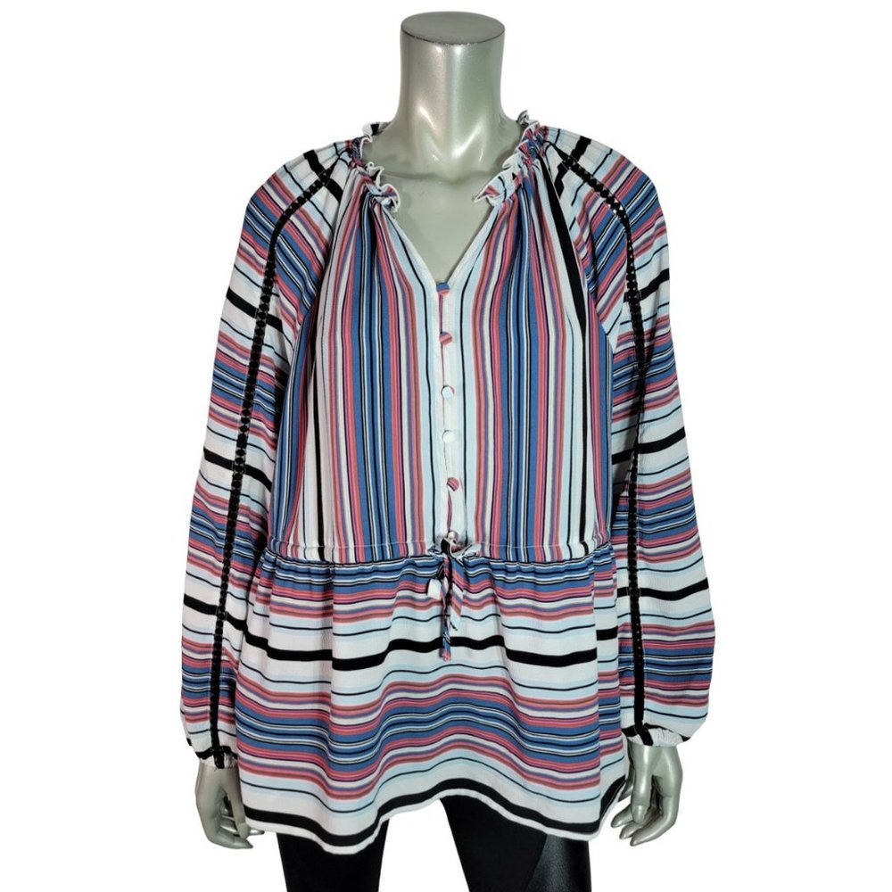 Lane Bryant Peasant Top Plus Size 14/16 Drawstring‎ Waist Half Button Up Blue